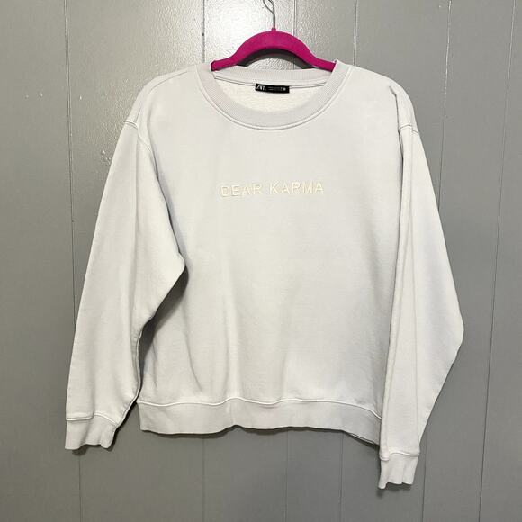 Zara Blue Dear Karma Embroidered Crewneck Relaxed Fit Minimalist Sweatshirt S - Picture 1 of 8